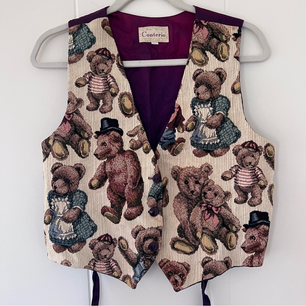 Vintage Conterio Tapestry Teddy Bear Vest – Size M – Whimsical 90s Style